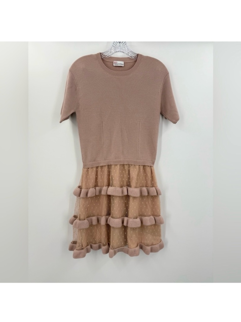 Valentino Red - Blush Pink Knit Lace Dress with Ruffle Tiered Tulle